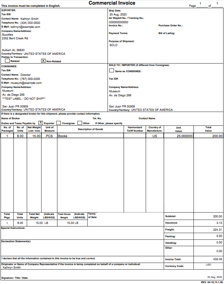 fedex commercial invoice template excel